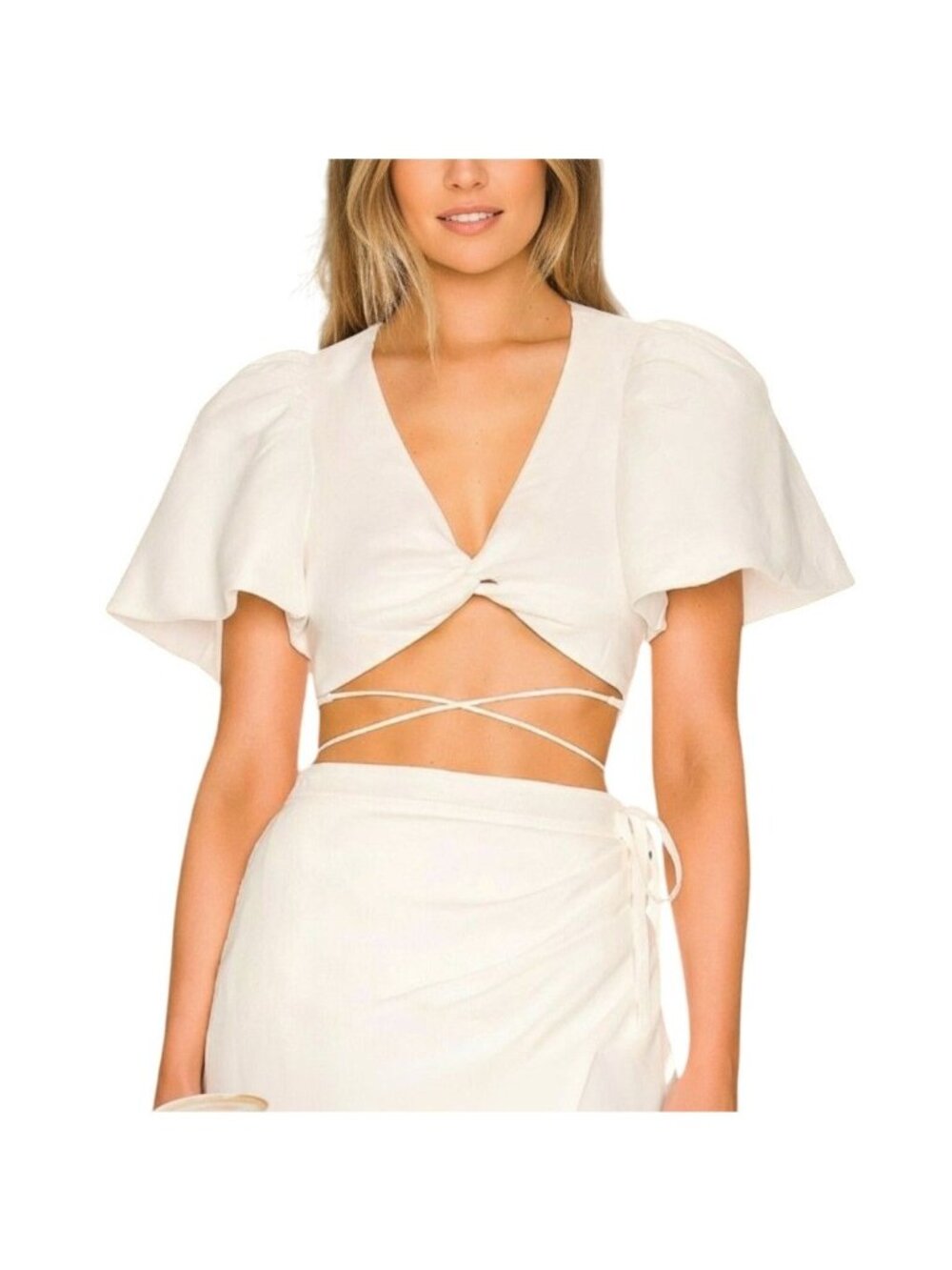 Jonathan Simkhai White Sadie Puff-Sleeve Wrap Crop Top NWT - Size L